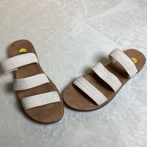 Maui Island Womens Triple Strap Woven Slide Sandals Cream Brown Size 9M